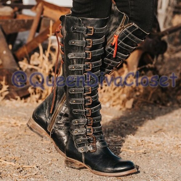 Freebird Rylan Over Knee High Buckle Strappy Navy Blue Real Leather Boots 9 - Picture 3 of 17